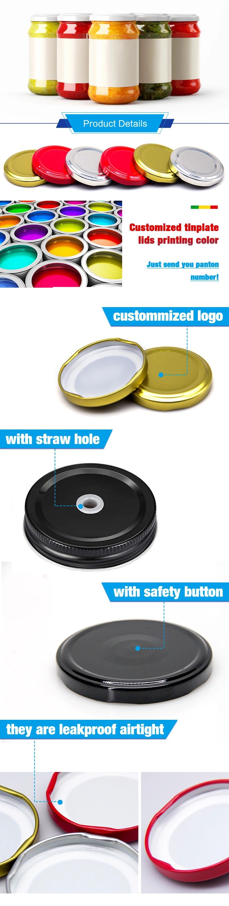 Top Grade Stocking 66mm 77mm 90mm 100mm PVC Lining Tinplate Lug Glass Storage Jar Lid with Customized Sticker